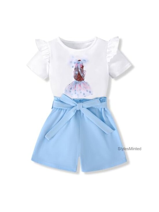 Other - Toddler Girls 2-Piece Short Set Ruffle Sleeve Bow Tee + Matching Shorts Cotton